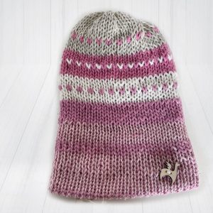 handmade alpaca beanie pink white and grey