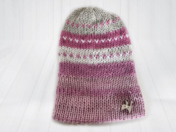 handmade alpaca beanie pink white and grey