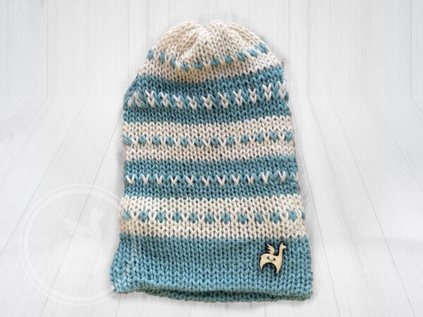 White blue alpaca wool beanie handmade heart pattern Ireland